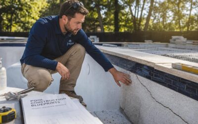 erreurs construction piscine A close-up shot of a construction worker inspecting a cracked pool shell at a construction site, surrounded by tools and blueprints, with a
