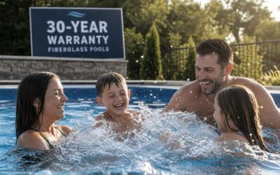 A close-up shot of a family happily splashing in a sparkling blue fiberglass pool under the warm sun, with a prominent sign nearby displayin