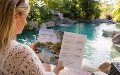 A close-up shot of a serene lagoon pool with crystal-clear water reflecting sunlight, surrounded by lush tropical plants, while a homeowner